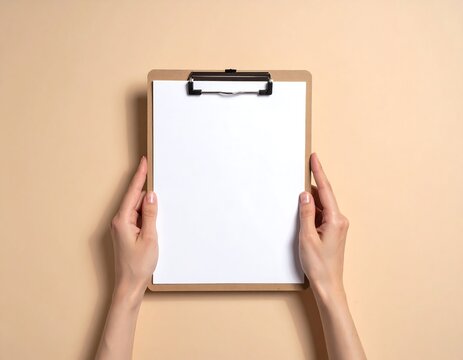 Overhead shot showing two hands holding a blank white sheet of paper clipped to a wooden clipboard, resting on a beige surface