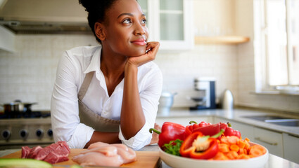Pensive young woman dreaming while preparing a healthy meal in her bright modern kitchen