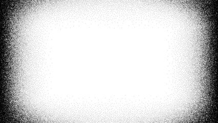 White rectangular frame with black stipple dot grain effect. Distorted texture with abstract noise for graphic design. Radial blend.