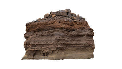 Soil layer cross section found rock isolated on white background, Form of soil layers, its colour and textures, Texture layers of earth surface for background