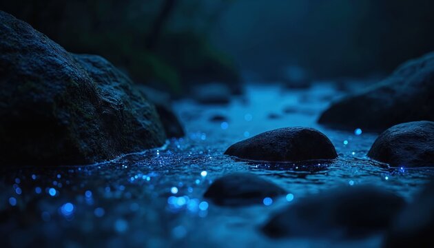 Rocks sit in stream at night. Water flows gently around the stones creating small ripples. Blue lights glow on the surface. This evokes a peaceful zen water garden mood. - Powered by Adobe