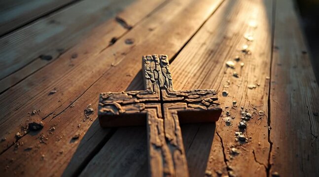 Rustic Wooden Cross Illuminated by Warm Sunlight on a Weathered Plank Surface Symbolizing Faith and Spirituality