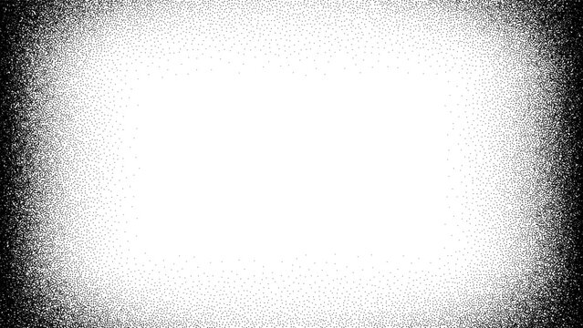 White rectangular frame with black stipple dot grain effect. Distorted texture with abstract noise for graphic design. Radial blend.