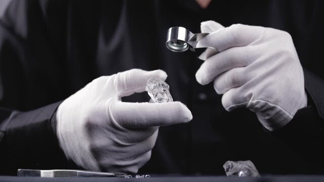Jeweler examining with magnifying glass natural rough diamond to evaluate flaws and inclusions, evaluates gemstone for cutting on factory.