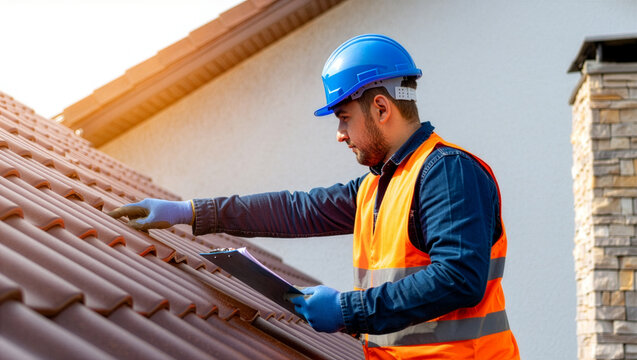 Roofer in hard hat and safety vest diligently inspecting terracotta tiles on a sunny residential house roof