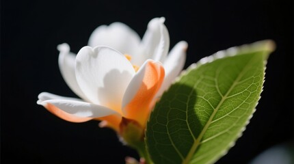  a white and orange flower with green leaves against a black background The flower is in full bloom, with its petals radiating outward in a star-like shape The lea