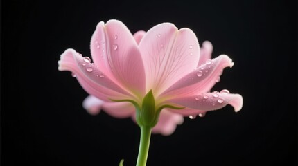  a pink flower with water droplets on it, set against a black background The flower has a stem and is in full bloom, with the petals of the flower standing out agai