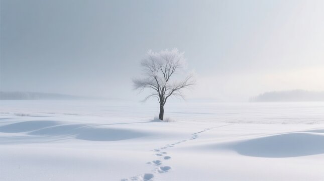 a lone tree standing in the middle of a snowy field, with footprints in the snow leading away from it The sky is visible in the background, and there are a few oth - Powered by Adobe