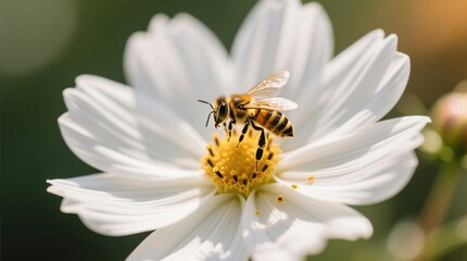  a bee on a white flower with a blurred background The bee is brown and black in color, and the flower is a bright white