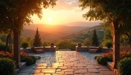 Sunset view from stone patio overlooking green hills. Warm golden hour light illuminates terrace with outdoor furniture. Beautiful landscape with mountains, garden creates peaceful, serene atmosphere