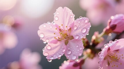 a beautiful pink cherry blossom with water droplets glistening on its petals, set against a blurred background