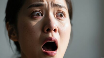  a woman with freckles on her face, her mouth open in surprise, against a blurred background