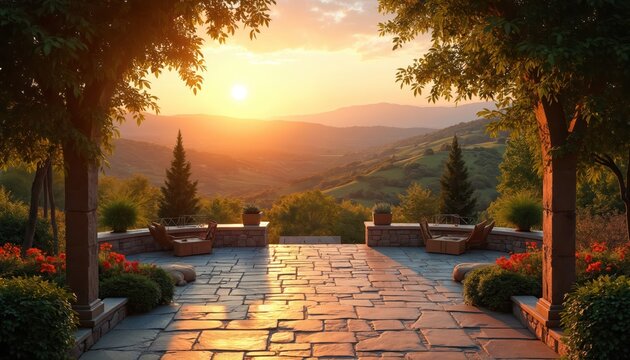 Sunset view from stone patio overlooking green hills. Warm golden hour light illuminates terrace with outdoor furniture. Beautiful landscape with mountains, garden creates peaceful, serene atmosphere