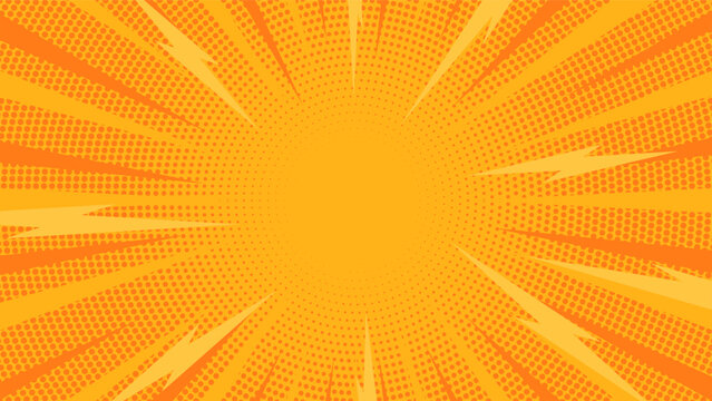 Abstract orange comic book background with halftone dots and radial sunbeam. Pop art style design for explosion effect or dynamic motion.