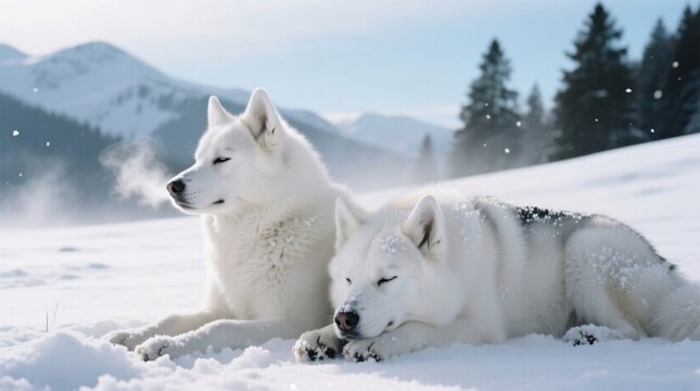 two white Siberian Husky dogs laying in the snow with their eyes closed, surrounded by trees, mountains, and a clear blue sky - Powered by Adobe