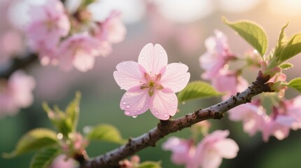 Obraz premium a branch of pink cherry blossoms with water droplets glistening on their petals, set against a blurred background