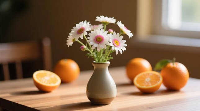  a table with a vase filled with daisies and oranges sitting on top of it There is a chair to the left of the table and a window to the right The background is sli