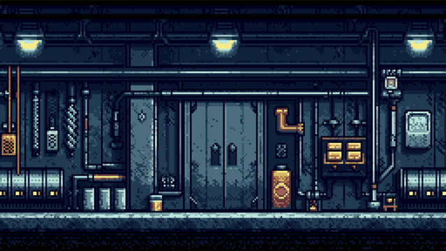 Pixel art industrial facility interior with pipes and machinery. Video game background aesthetic. Retro digital environment for game design concept.