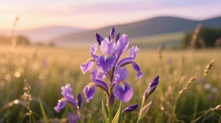 Naklejka premium a field of vibrant purple irises with water droplets glistening on their petals, surrounded by lush green plants and trees, with majestic mountains in the backgroun