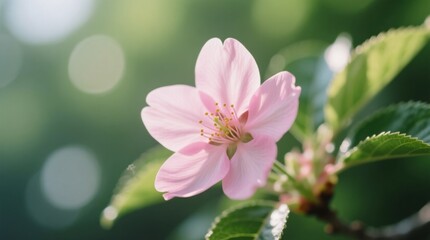 Obraz premium a pink flower with green leaves on a tree branch against a blurred background The flower is in full bloom, with its petals spread wide and its center a bright yell