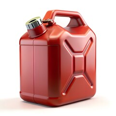 A red plastic fuel container with a silver metal spout and a sturdy handle, isolated on a white background.