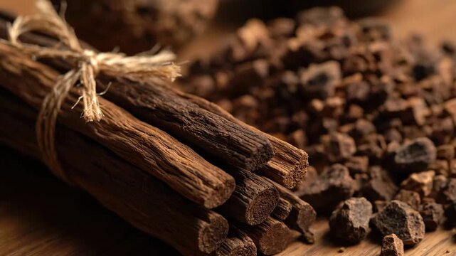 Aromatic Agarwood Incense Sticks and Chips - This video showcases a close-up of fragrant agarwood sticks tied with twine, next to a pile of agarwood chips.