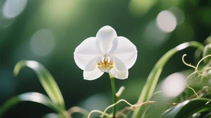 Obraz premium a white orchid flower with green leaves in the background, set against a blurred backdrop The flower is in full bloom, with its petals spread wide and its center a