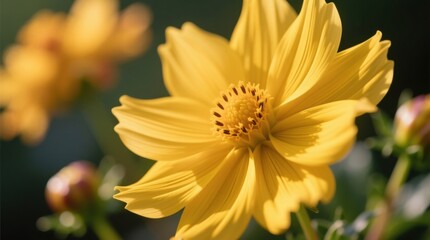 a close up of a yellow flower with green leaves in the foreground, set against a blurred background The flower is in full bloom, with its petals radiating outward