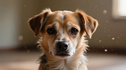  a small brown and white dog sitting on the floor with tears streaming down its face, surrounded by a blurry background