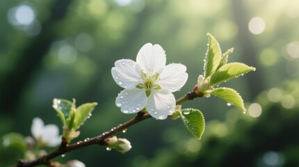 a white cherry blossom with water droplets on it, surrounded by lush green leaves and stems The background is slightly blurred, giving the image a dreamy feel