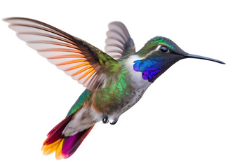 Obraz premium Hummingbird, vibrant with iridescent plumage in flight displaying colorful wings and tail feathers, cutout, PNG isolated on transparent background