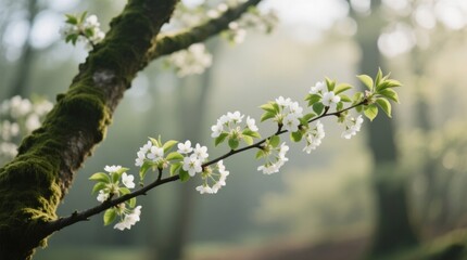  a tree branch with white flowers in the sunlight, surrounded by lush green leaves and grass The background is slightly blurred, giving the image a dreamy feel