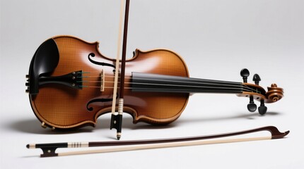 Fototapeta premium a brown violin with its bow resting on a white surface The bow is made of wood and has a curved shape with a pointed end The strings of the violin are made of met