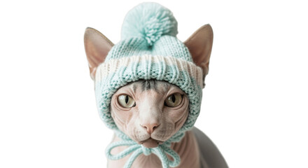 Adorable kitten cozy in a knitted hat, perfect for cute, whimsical, or holiday-themed design projects