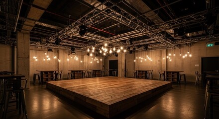 Empty room with wooden stage, truss ceiling, and hanging light bulbs