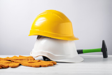 Different safety equipment on white wooden table