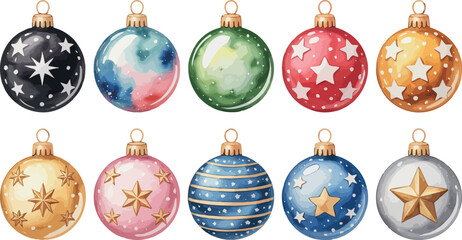 Ten vibrant Christmas ornaments, in various colors and designs, are arranged in two rows.