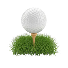 A detailed close up of a pristine white dimpled golf ball resting on a wooden tee surrounded by vibrant green grass blades isolated on transparent background