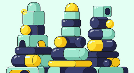Fun Stacking Blocks Illustration in Teal, Yellow, and Navy