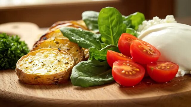 Baked Batata Slices with Vegetables and Cottage Cheese - A close-up shot of baked batata slices served on a wooden board alongside fresh vegetables such as spinach, cherry tomatoes, and creamy