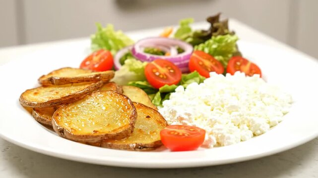 Batata Slices with Vegetables and Cottage Cheese - A plate of sliced baked batata, served with fresh vegetables including lettuce, tomato, and red onion, and a portion of creamy cottage cheese.