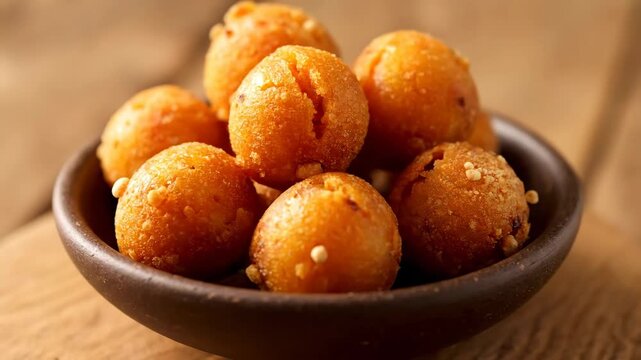 Salak Seeds Snack - Close up shot of a bowl filled with Salak seed snacks. The snacks are ball-shaped, golden brown, and appear to be made from starch and sweet potatoes.