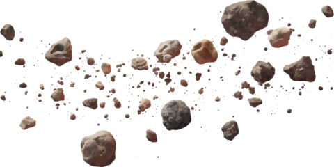 Asteroids, dense collection of varied sized rocky floating in space, cutout, PNG isolated on transparent background