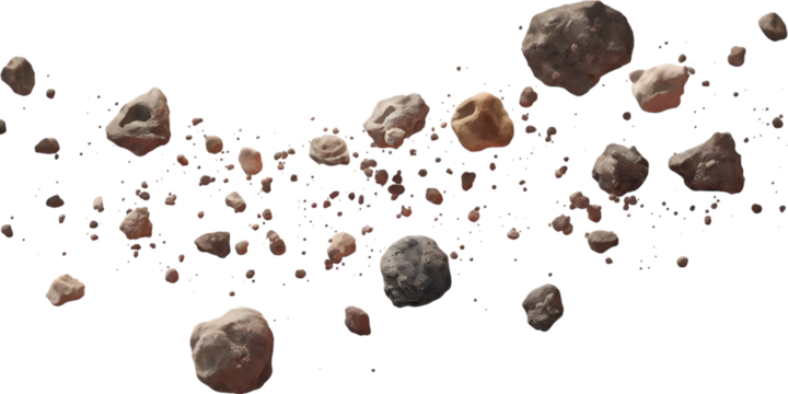 Asteroids, dense collection of varied sized rocky floating in space, cutout, PNG isolated on transparent background