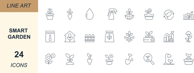 Smart garden line icon set with plant, soil, water, sensor, seed, eco, greenhouse, growth, compost, and solar symbols.  perfect for UI, apps, and eco branding.
