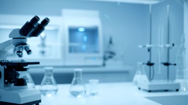 Modern Scientific Laboratory Blurred Background - A blurred background of a modern laboratory room features scientific equipment such as a microscope, beakers, and other lab apparatus.