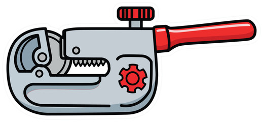 Close-up of a sanitary clamp tool with red handle and adjustable knob for plumbing or industrial applications