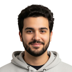 Fototapeta premium A young man with dark hair and a beard wearing a gray hoodie smiles gently isolated on transparent background