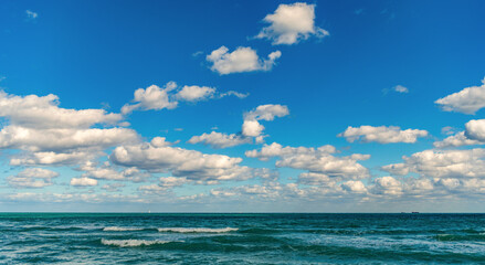 Sunset sea and seascape. Sea horizon view. Cloudy sky and seascape at summer vacation. Skyscape...