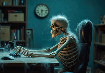 Skeleton sits at a dusty office desk, typing on a keyboard. Computer screen shows Loading. message. Cobwebs cover the workstation. Clock on wall indicates time passing slowly.
